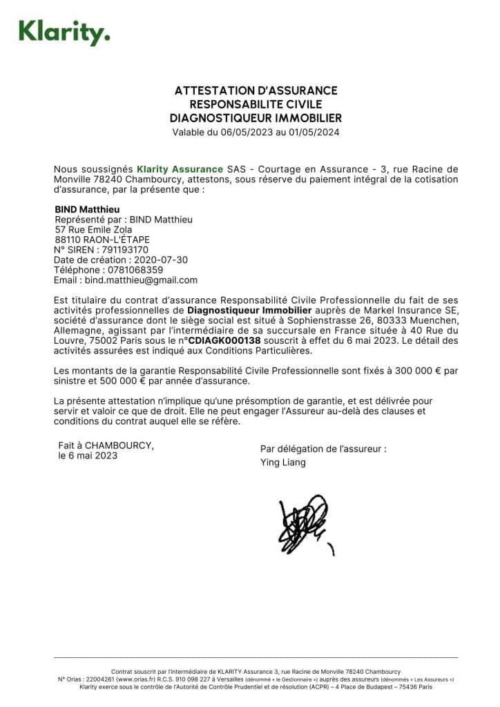 Attestation d'assurance DIAG'Protect Klarity
