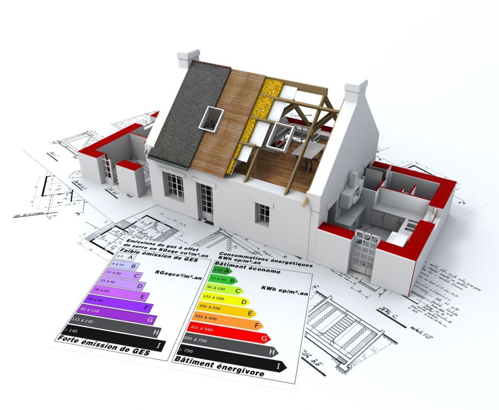 Image d'une maison en rénovation énergétique avec les étiquettes de classement énergétiques